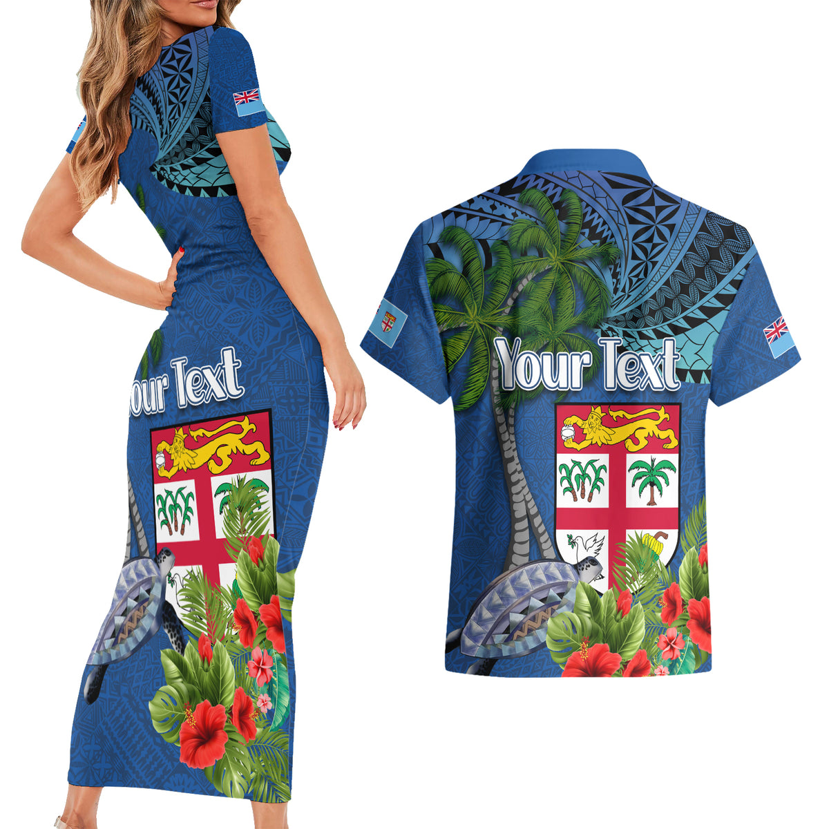 Personalised Fiji Independence Day Couples Matching Short Sleeve Bodycon Dress and Hawaiian Shirt Fijian Coat of Arms Palm and Hibiscus Tapa Pattern LT03 - Polynesian Pride