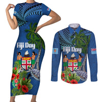 Personalised Fiji Independence Day Couples Matching Short Sleeve Bodycon Dress and Long Sleeve Button Shirt Fijian Coat of Arms Palm and Hibiscus Tapa Pattern LT03 Blue - Polynesian Pride