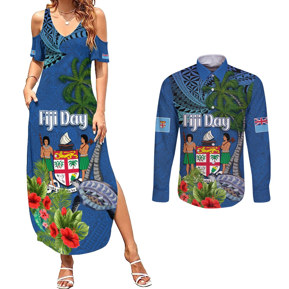 Personalised Fiji Independence Day Couples Matching Summer Maxi Dress and Long Sleeve Button Shirt Fijian Coat of Arms Palm and Hibiscus Tapa Pattern LT03 Blue - Polynesian Pride