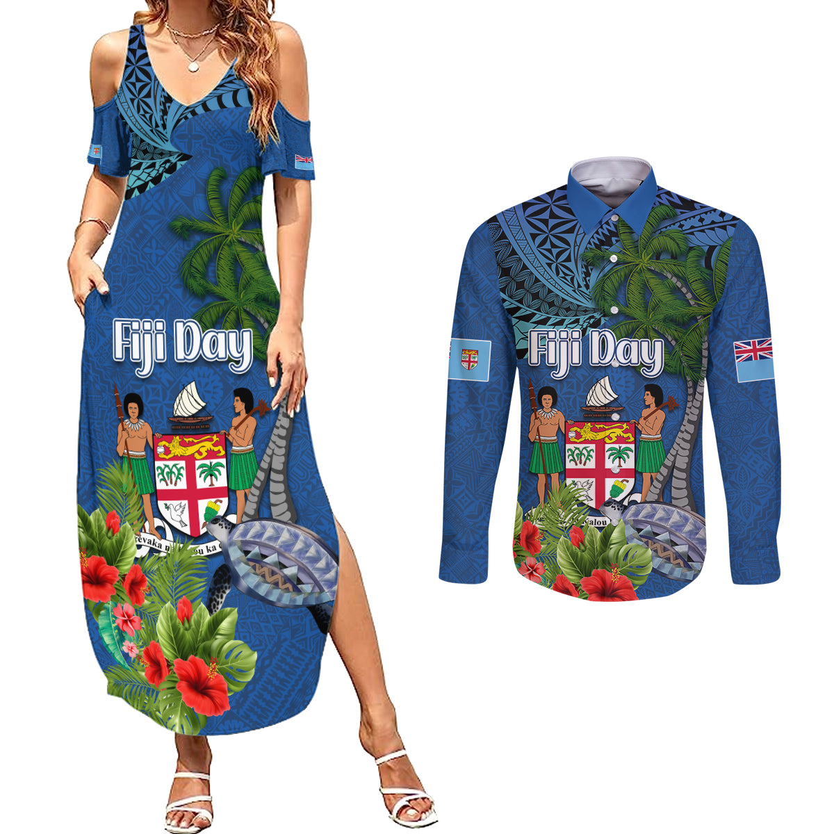 Fiji Independence Day Couples Matching Summer Maxi Dress and Long Sleeve Button Shirt Fijian Coat of Arms Palm and Hibiscus Tapa Pattern