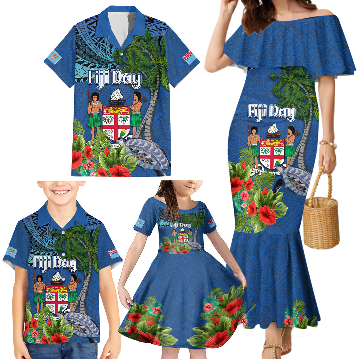 Personalised Fiji Independence Day Family Matching Mermaid Dress and Hawaiian Shirt Fijian Coat of Arms Palm and Hibiscus Tapa Pattern LT03 - Polynesian Pride