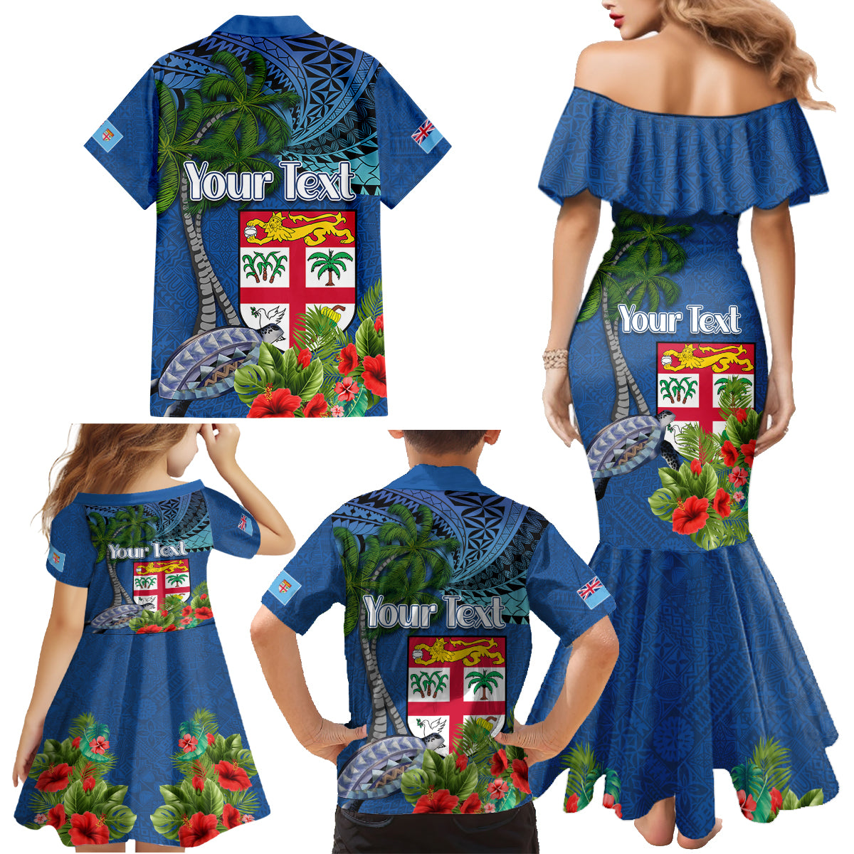 Personalised Fiji Independence Day Family Matching Mermaid Dress and Hawaiian Shirt Fijian Coat of Arms Palm and Hibiscus Tapa Pattern LT03 - Polynesian Pride