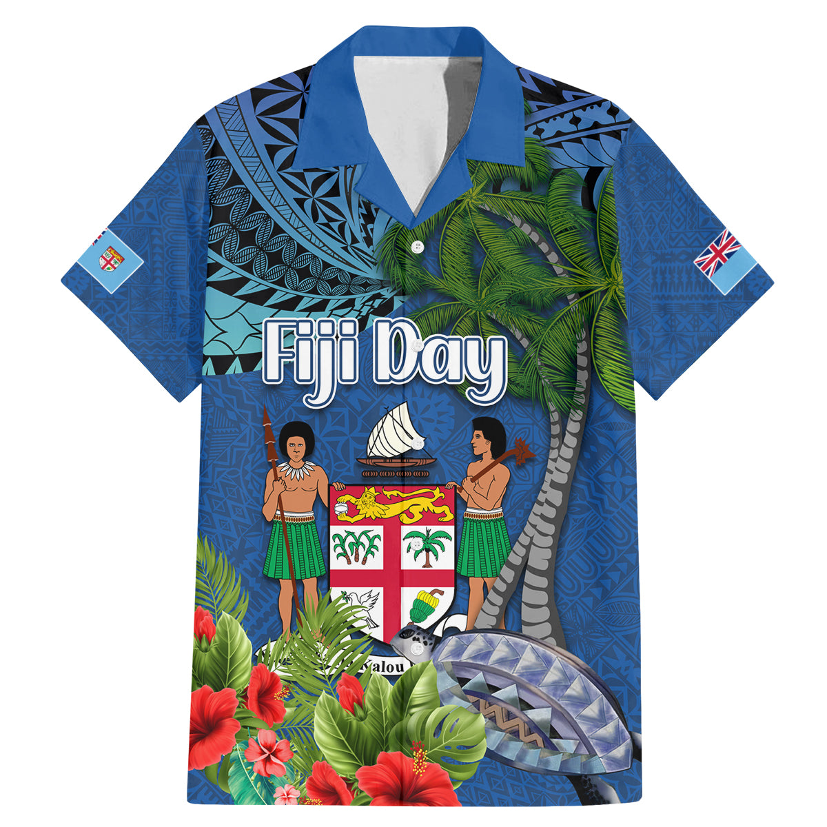 Personalised Fiji Independence Day Family Matching Mermaid Dress and Hawaiian Shirt Fijian Coat of Arms Palm and Hibiscus Tapa Pattern LT03 Dad's Shirt - Short Sleeve Blue - Polynesian Pride
