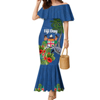 Personalised Fiji Independence Day Family Matching Mermaid Dress and Hawaiian Shirt Fijian Coat of Arms Palm and Hibiscus Tapa Pattern LT03 Mom's Dress Blue - Polynesian Pride