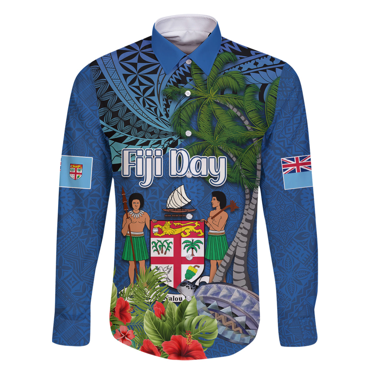 Fiji Independence Day Family Matching Off The Shoulder Long Sleeve Dress and Hawaiian Shirt Fijian Coat of Arms Palm and Hibiscus Tapa Pattern