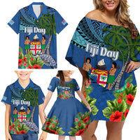 Personalised Fiji Independence Day Family Matching Off Shoulder Short Dress and Hawaiian Shirt Fijian Coat of Arms Palm and Hibiscus Tapa Pattern LT03 - Polynesian Pride