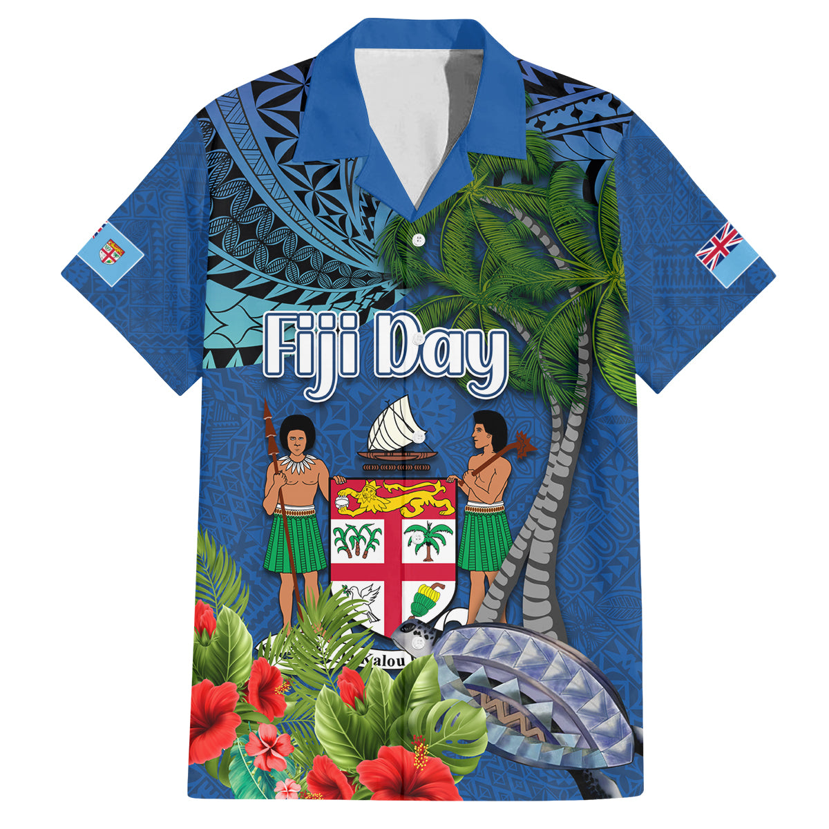Personalised Fiji Independence Day Family Matching Off Shoulder Short Dress and Hawaiian Shirt Fijian Coat of Arms Palm and Hibiscus Tapa Pattern LT03 Dad's Shirt - Short Sleeve Blue - Polynesian Pride