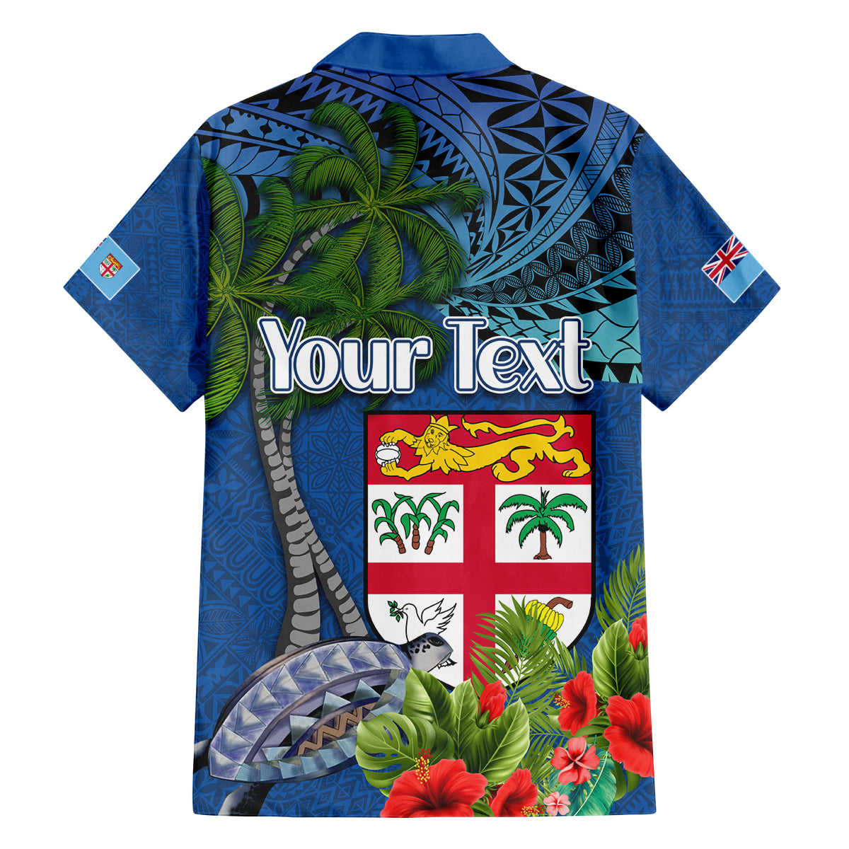 Personalised Fiji Independence Day Family Matching Off Shoulder Short Dress and Hawaiian Shirt Fijian Coat of Arms Palm and Hibiscus Tapa Pattern LT03 - Polynesian Pride