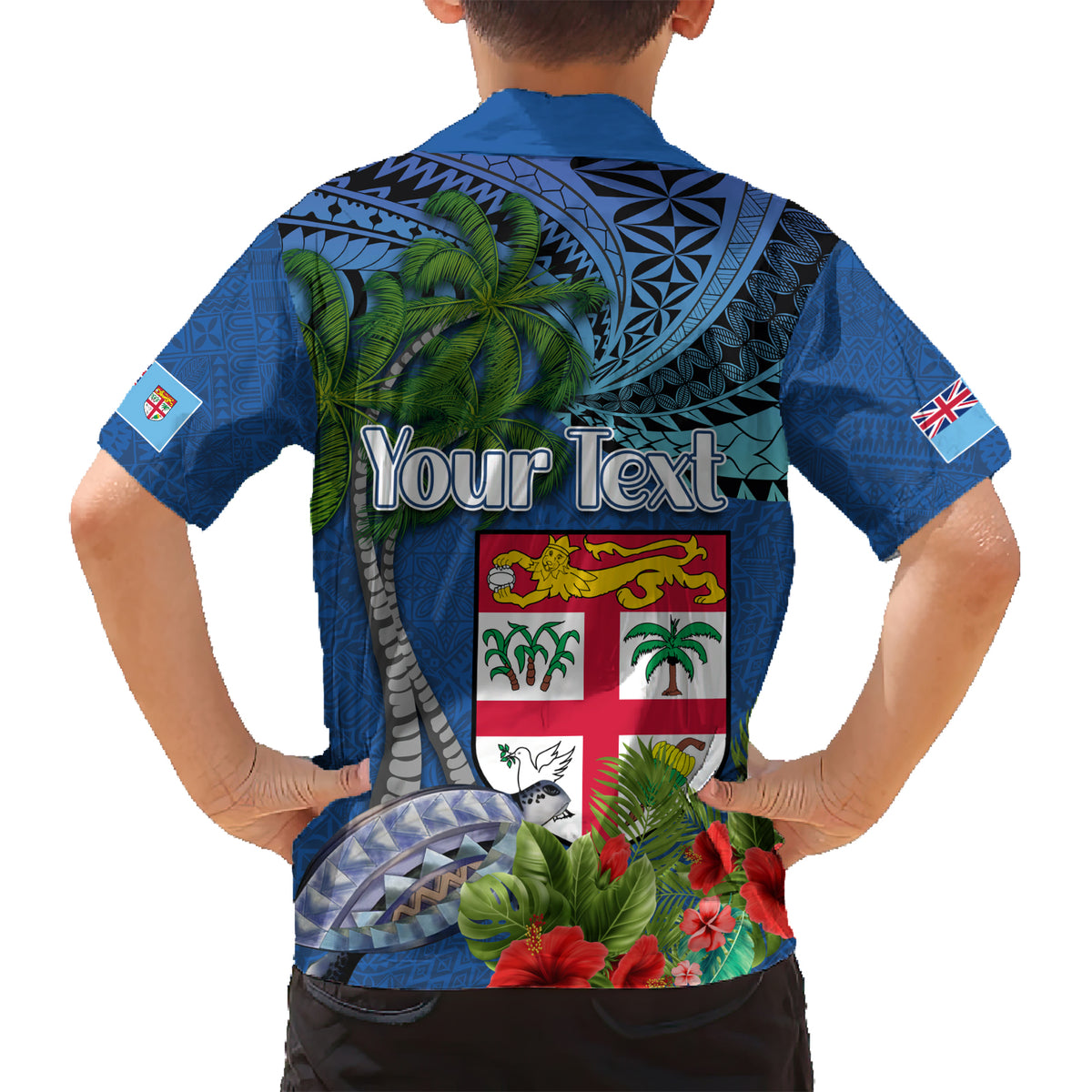 Personalised Fiji Independence Day Family Matching Short Sleeve Bodycon Dress and Hawaiian Shirt Fijian Coat of Arms Palm and Hibiscus Tapa Pattern LT03 - Polynesian Pride