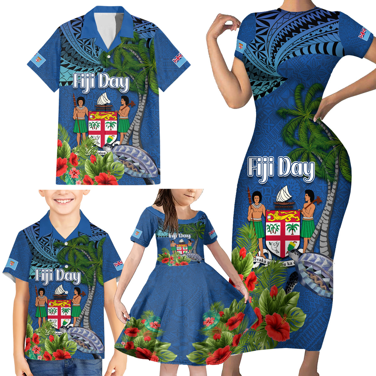 Personalised Fiji Independence Day Family Matching Short Sleeve Bodycon Dress and Hawaiian Shirt Fijian Coat of Arms Palm and Hibiscus Tapa Pattern LT03 - Polynesian Pride