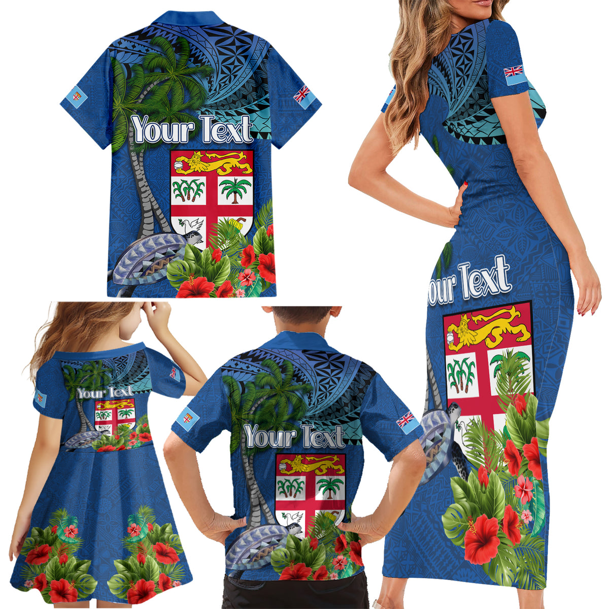 Personalised Fiji Independence Day Family Matching Short Sleeve Bodycon Dress and Hawaiian Shirt Fijian Coat of Arms Palm and Hibiscus Tapa Pattern LT03 - Polynesian Pride