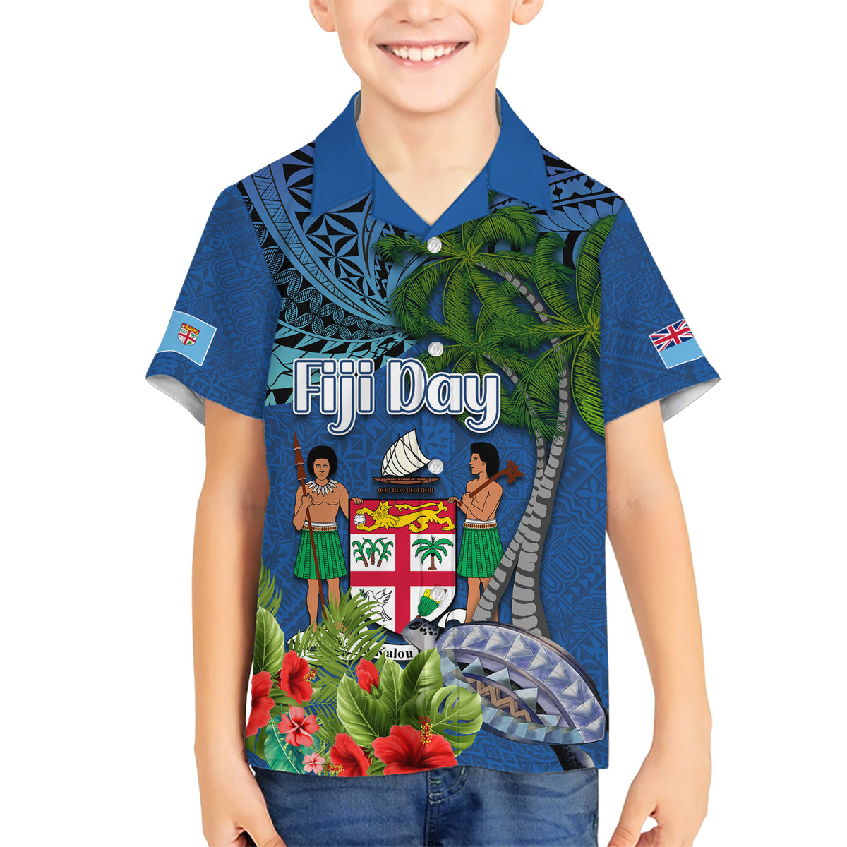 Personalised Fiji Independence Day Family Matching Short Sleeve Bodycon Dress and Hawaiian Shirt Fijian Coat of Arms Palm and Hibiscus Tapa Pattern LT03 Son's Shirt Blue - Polynesian Pride