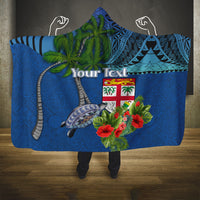 Personalised Fiji Independence Day Hooded Blanket Fijian Coat of Arms Palm and Hibiscus Tapa Pattern LT03 One Size Blue - Polynesian Pride