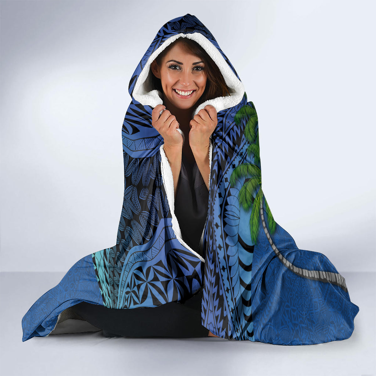 Personalised Fiji Independence Day Hooded Blanket Fijian Coat of Arms Palm and Hibiscus Tapa Pattern LT03 - Polynesian Pride