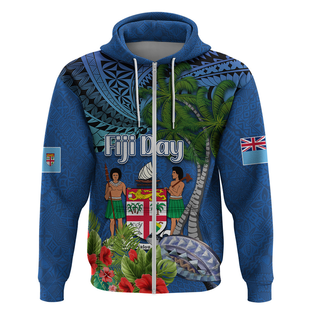 Fiji Independence Day Hoodie Fijian Coat of Arms Palm and Hibiscus Tapa Pattern
