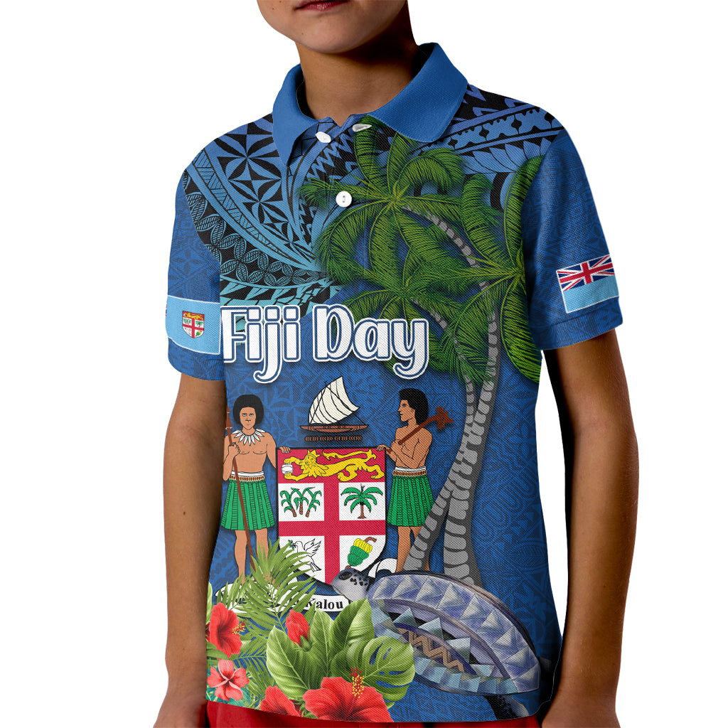 Fiji Independence Day Kid Polo Shirt Fijian Coat of Arms Palm and Hibiscus Tapa Pattern