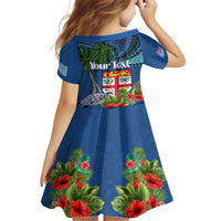 Fiji Independence Day Kid Short Sleeve Dress Fijian Coat of Arms Palm and Hibiscus Tapa Pattern