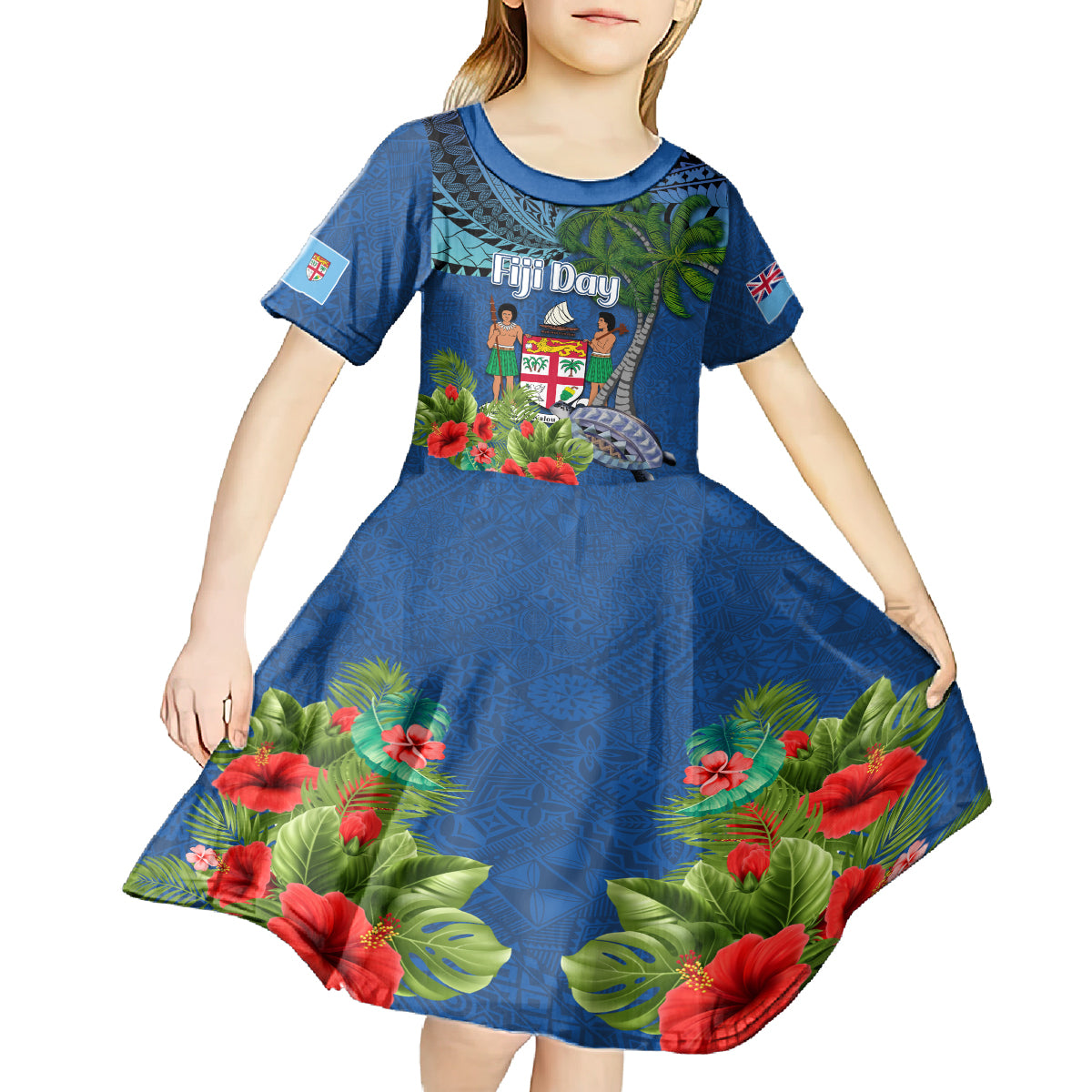Fiji Independence Day Kid Short Sleeve Dress Fijian Coat of Arms Palm and Hibiscus Tapa Pattern
