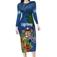 Personalised Fiji Independence Day Long Sleeve Bodycon Dress Fijian Coat of Arms Palm and Hibiscus Tapa Pattern LT03 Long Dress Blue - Polynesian Pride