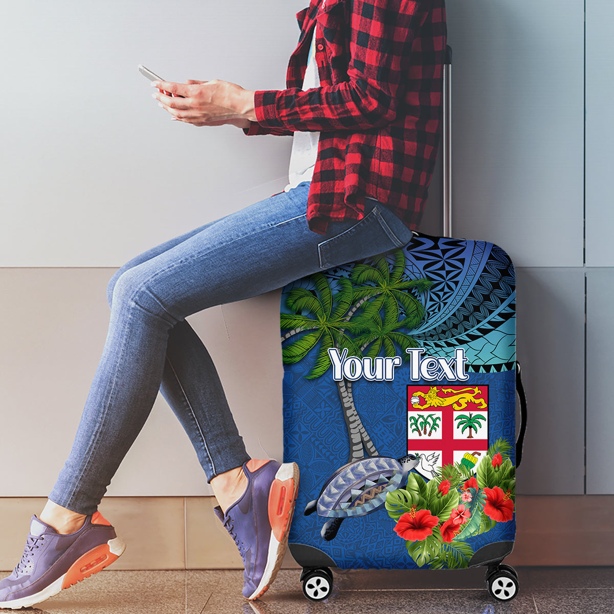 Personalised Fiji Independence Day Luggage Cover Fijian Coat of Arms Palm and Hibiscus Tapa Pattern LT03 - Polynesian Pride