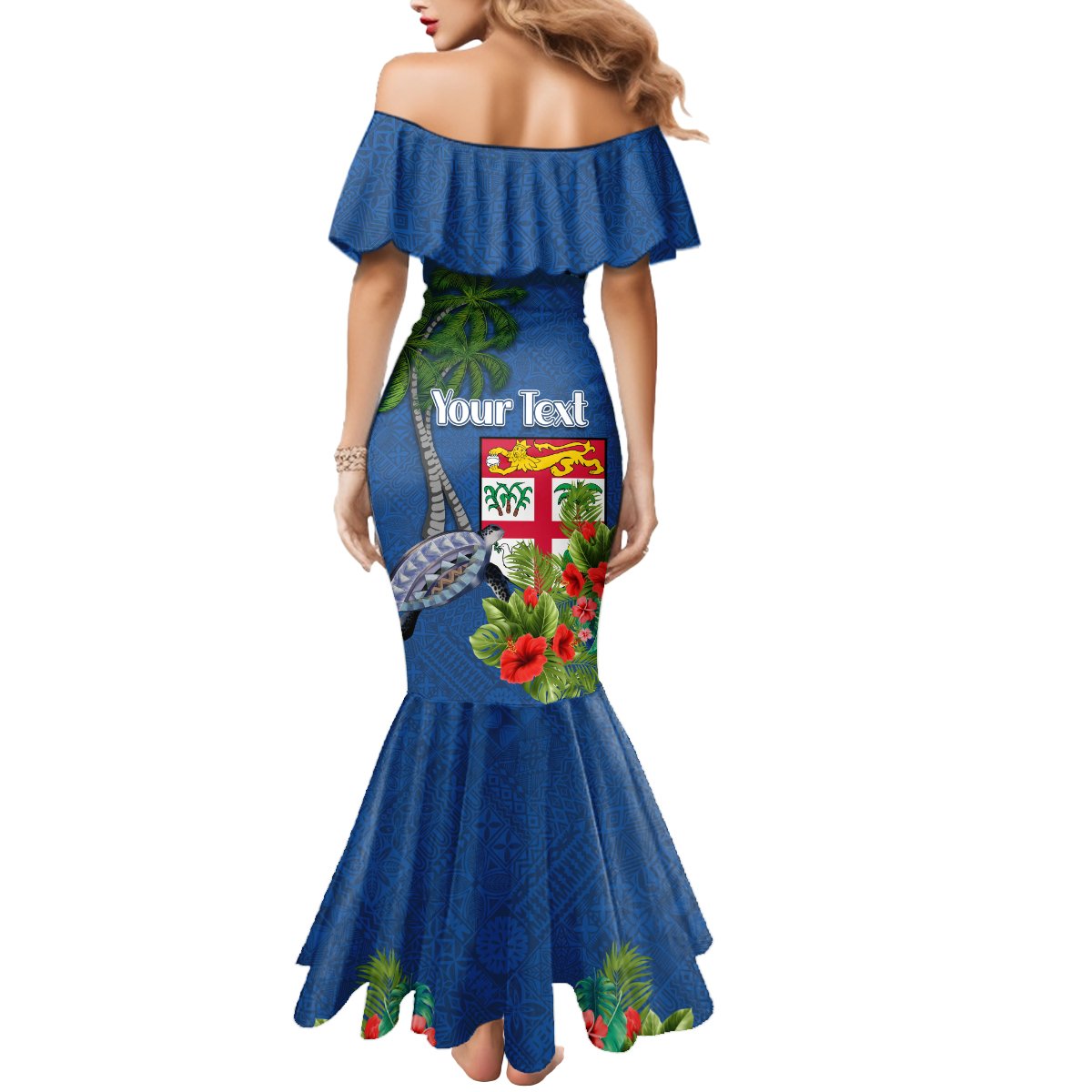 Personalised Fiji Independence Day Mermaid Dress Fijian Coat of Arms Palm and Hibiscus Tapa Pattern LT03 - Polynesian Pride