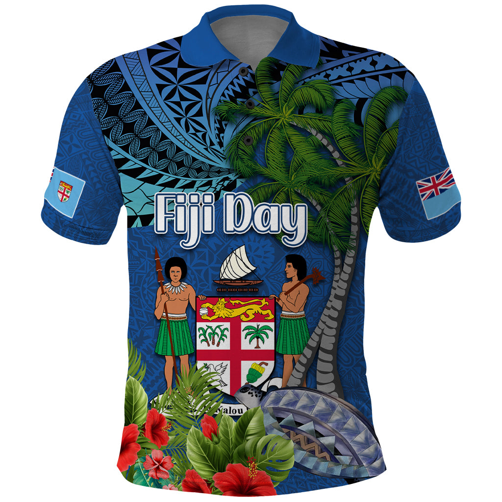 Fiji Independence Day Polo Shirt Fijian Coat of Arms Palm and Hibiscus Tapa Pattern