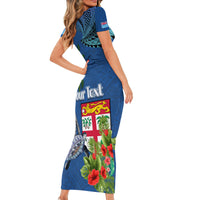 Personalised Fiji Independence Day Short Sleeve Bodycon Dress Fijian Coat of Arms Palm and Hibiscus Tapa Pattern LT03 - Polynesian Pride