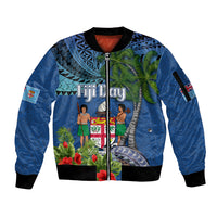 Fiji Independence Day Sleeve Zip Bomber Jacket Fijian Coat of Arms Palm and Hibiscus Tapa Pattern
