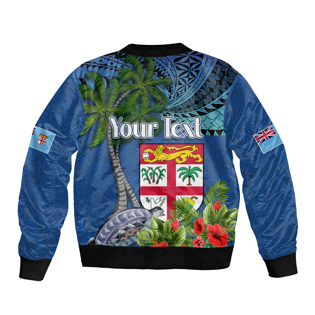Fiji Independence Day Sleeve Zip Bomber Jacket Fijian Coat of Arms Palm and Hibiscus Tapa Pattern