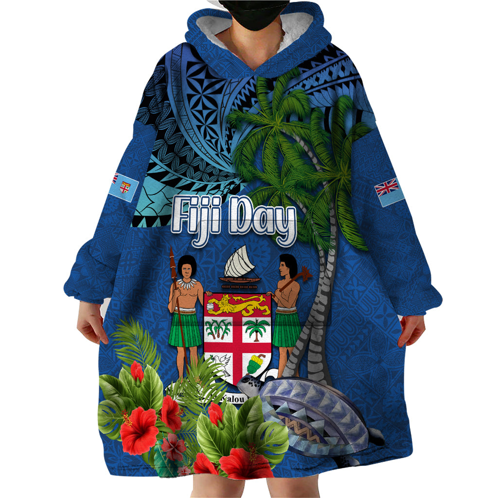 Fiji Independence Day Wearable Blanket Hoodie Fijian Coat of Arms Palm and Hibiscus Tapa Pattern