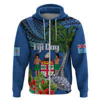 Fiji Independence Day Zip Hoodie Fijian Coat of Arms Palm and Hibiscus Tapa Pattern