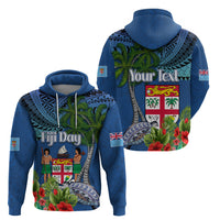 Fiji Independence Day Zip Hoodie Fijian Coat of Arms Palm and Hibiscus Tapa Pattern