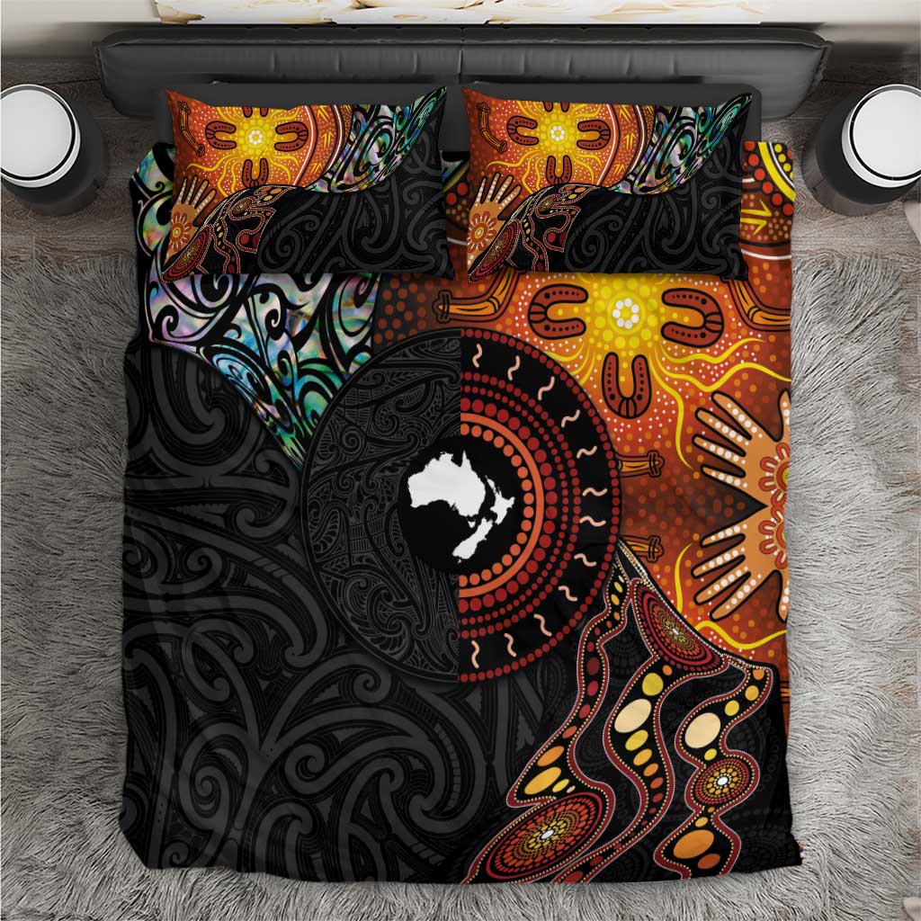 New Zealand and Australia Together Bedding Set Maori Tattoo Paua Shell mix Aboriginal Pattern