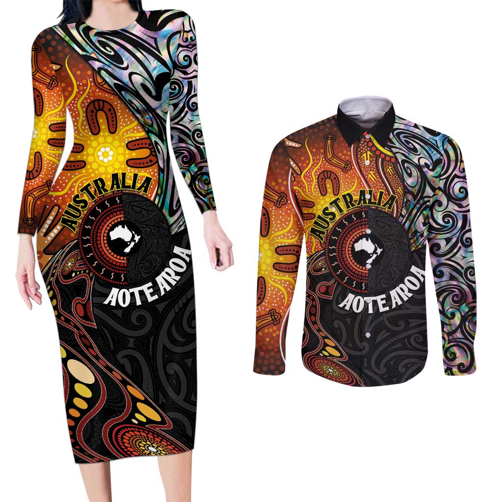 New Zealand and Australia Together Couples Matching Long Sleeve Bodycon Dress and Long Sleeve Button Shirt Maori Tattoo Paua Shell mix Aboriginal Pattern