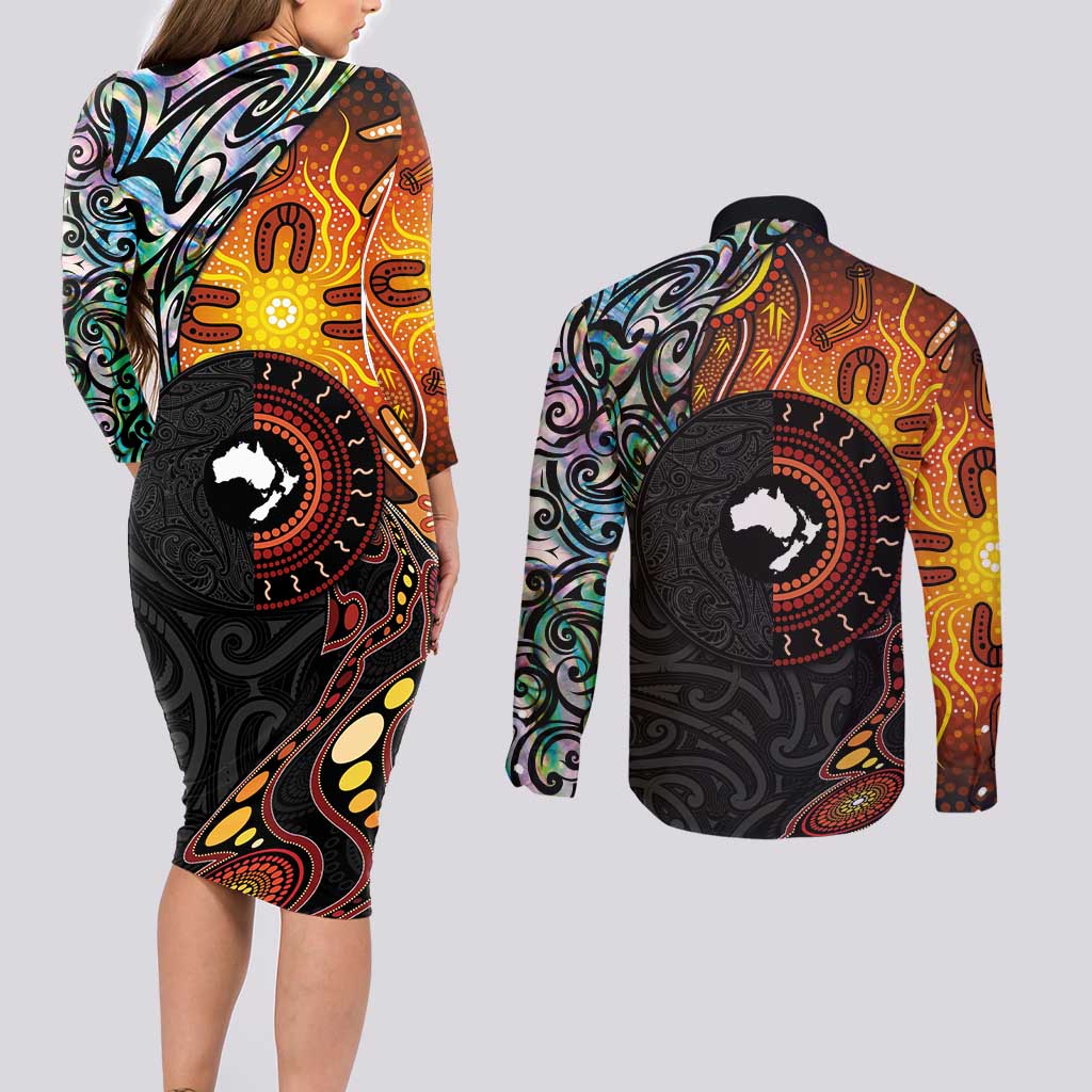 New Zealand and Australia Together Couples Matching Long Sleeve Bodycon Dress and Long Sleeve Button Shirt Maori Tattoo Paua Shell mix Aboriginal Pattern
