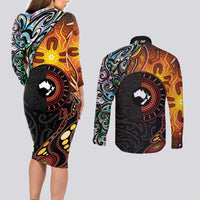 New Zealand and Australia Together Couples Matching Long Sleeve Bodycon Dress and Long Sleeve Button Shirt Maori Tattoo Paua Shell mix Aboriginal Pattern