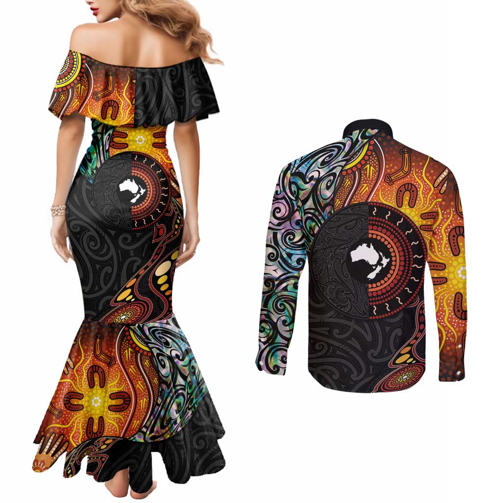 New Zealand and Australia Together Couples Matching Mermaid Dress and Long Sleeve Button Shirt Maori Tattoo Paua Shell mix Aboriginal Pattern