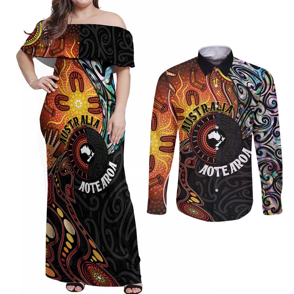New Zealand and Australia Together Couples Matching Off Shoulder Maxi Dress and Long Sleeve Button Shirt Maori Tattoo Paua Shell mix Aboriginal Pattern