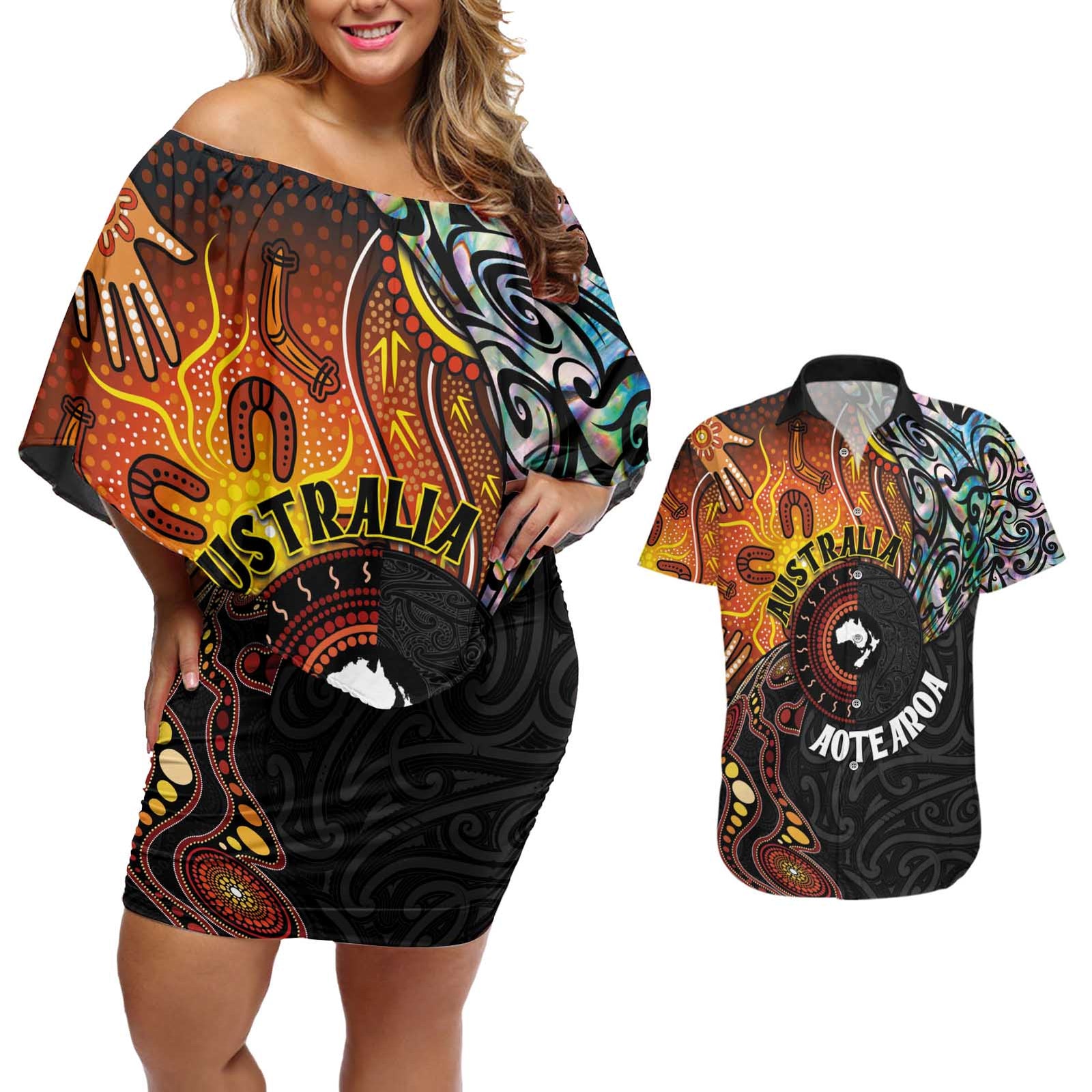 New Zealand and Australia Together Couples Matching Off Shoulder Short Dress and Hawaiian Shirt Maori Tattoo Paua Shell mix Aboriginal Pattern