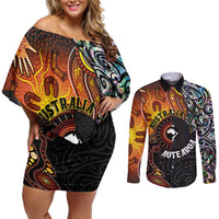 New Zealand and Australia Together Couples Matching Off Shoulder Short Dress and Long Sleeve Button Shirt Maori Tattoo Paua Shell mix Aboriginal Pattern