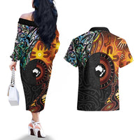 New Zealand and Australia Together Couples Matching Off The Shoulder Long Sleeve Dress and Hawaiian Shirt Maori Tattoo Paua Shell mix Aboriginal Pattern