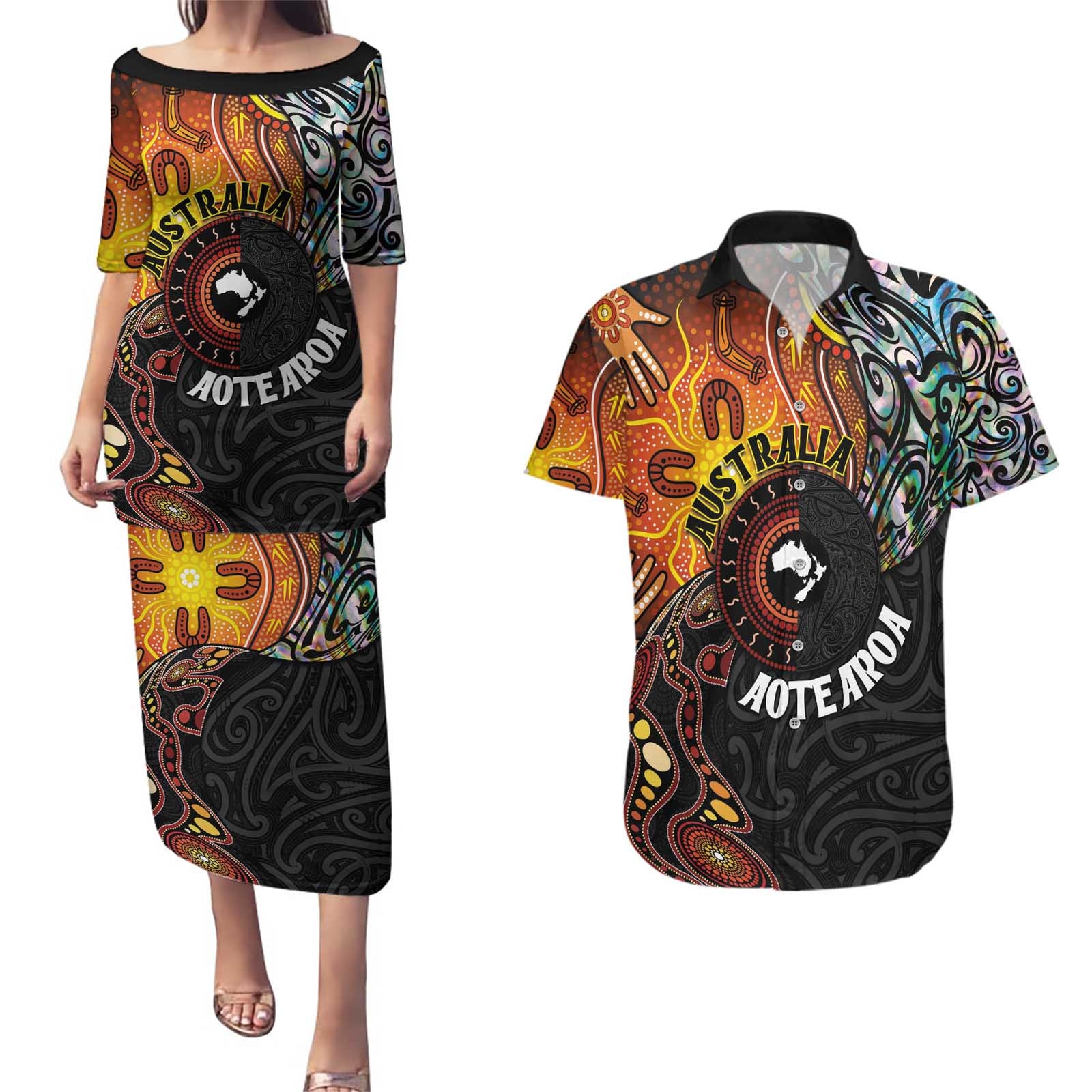 New Zealand and Australia Together Couples Matching Puletasi and Hawaiian Shirt Maori Tattoo Paua Shell mix Aboriginal Pattern