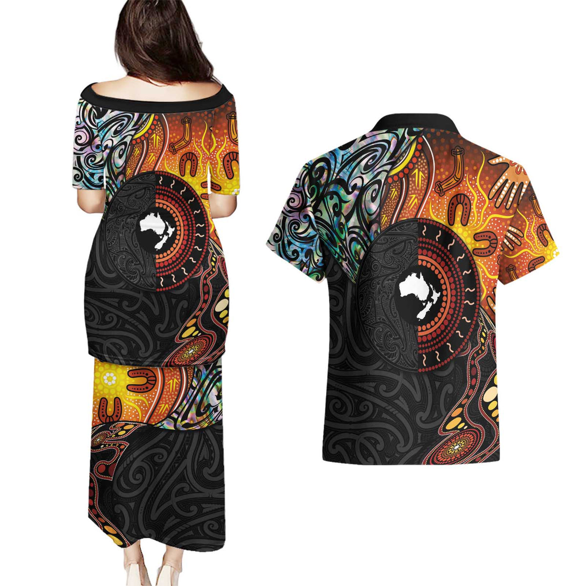 New Zealand and Australia Together Couples Matching Puletasi and Hawaiian Shirt Maori Tattoo Paua Shell mix Aboriginal Pattern