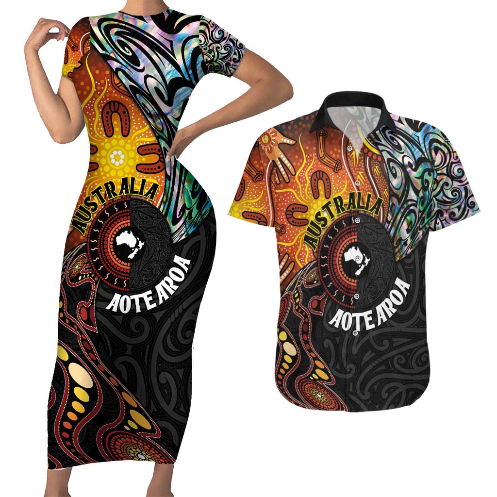 New Zealand and Australia Together Couples Matching Short Sleeve Bodycon Dress and Hawaiian Shirt Maori Tattoo Paua Shell mix Aboriginal Pattern