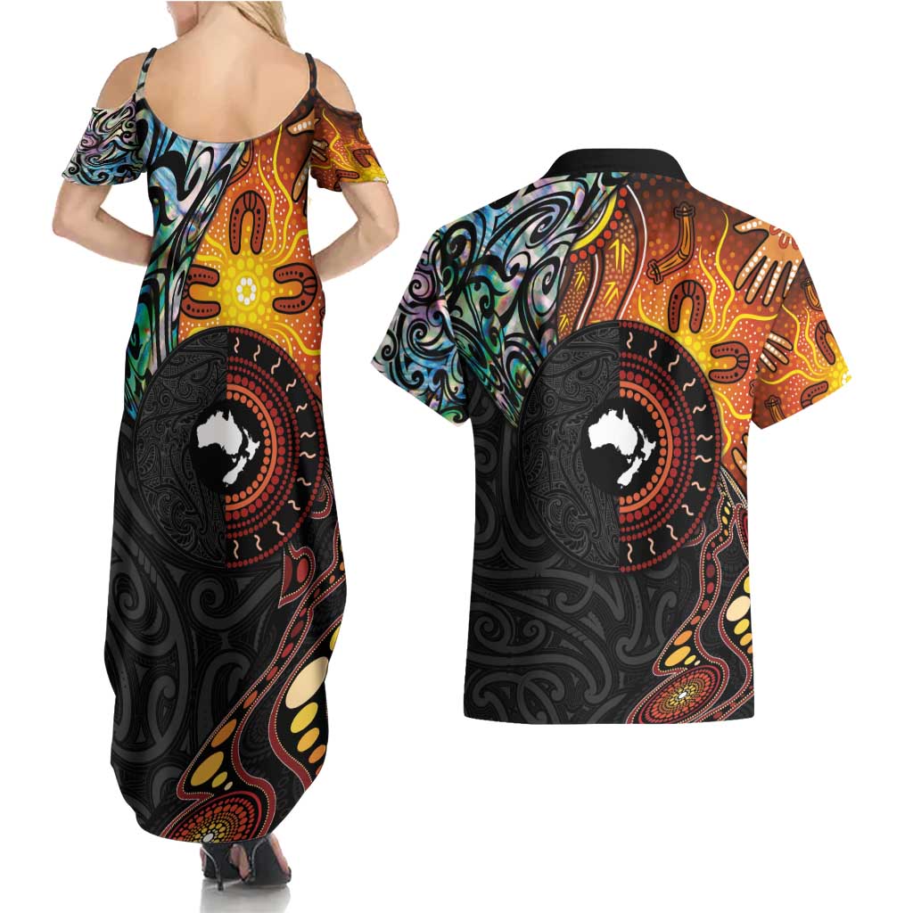 New Zealand and Australia Together Couples Matching Summer Maxi Dress and Hawaiian Shirt Maori Tattoo Paua Shell mix Aboriginal Pattern