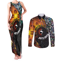 New Zealand and Australia Together Couples Matching Tank Maxi Dress and Long Sleeve Button Shirt Maori Tattoo Paua Shell mix Aboriginal Pattern