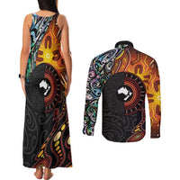 New Zealand and Australia Together Couples Matching Tank Maxi Dress and Long Sleeve Button Shirt Maori Tattoo Paua Shell mix Aboriginal Pattern