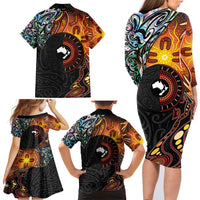 New Zealand and Australia Together Family Matching Long Sleeve Bodycon Dress and Hawaiian Shirt Maori Tattoo Paua Shell mix Aboriginal Pattern LT03 - Polynesian Pride