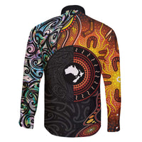 New Zealand and Australia Together Family Matching Long Sleeve Bodycon Dress and Hawaiian Shirt Maori Tattoo Paua Shell mix Aboriginal Pattern LT03 - Polynesian Pride