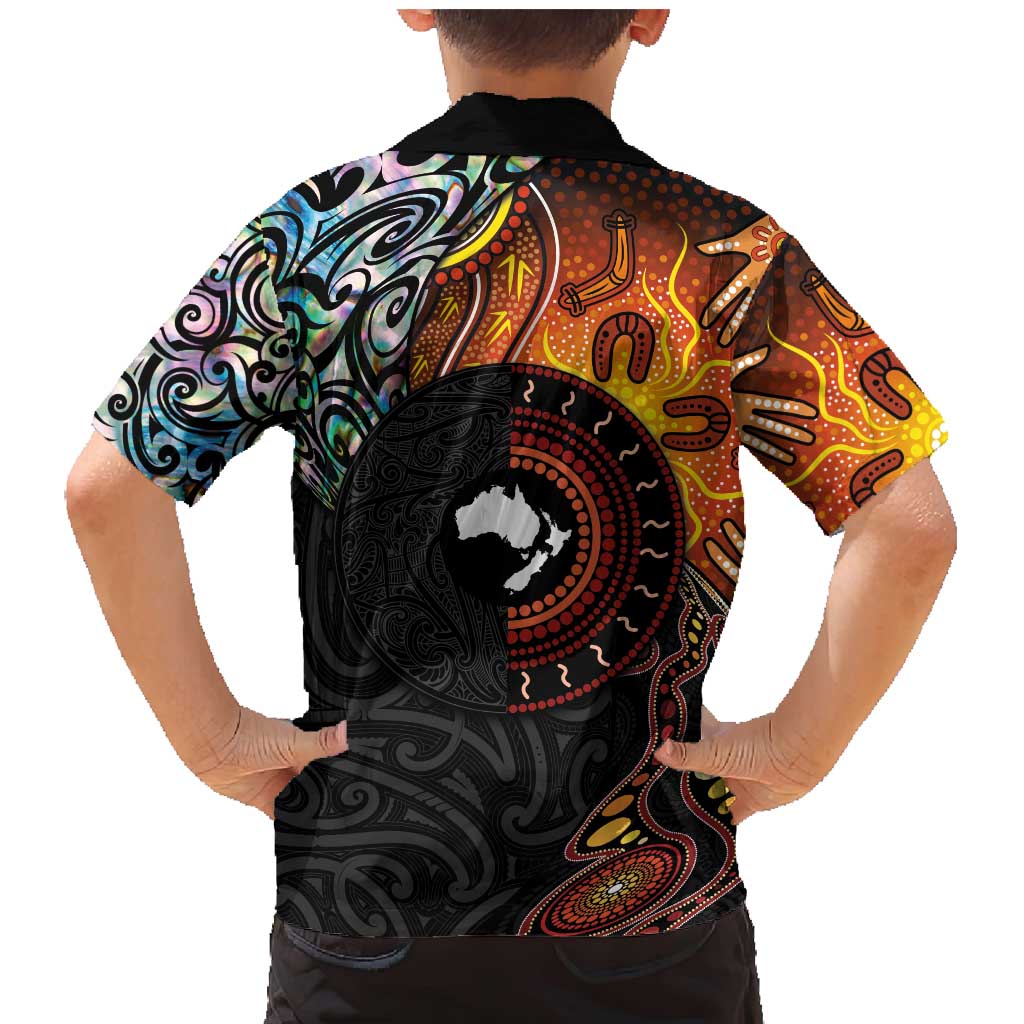 New Zealand and Australia Together Family Matching Mermaid Dress and Hawaiian Shirt Maori Tattoo Paua Shell mix Aboriginal Pattern LT03 - Polynesian Pride